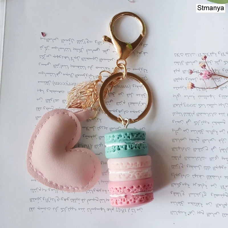 Women New Macaron Cake keychain PU love alloy leaf Key Chain Charm Bag pendant Key Ring Best Party Gift Jewelry K3006