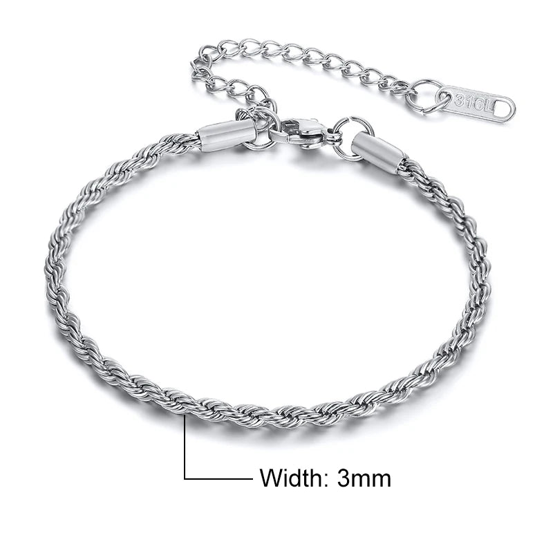 Vnox Unisex Rope Chain Bracelets for Men Women, Stainless Steel Twisted Links Chain Bracelet,Simple Classic Jewelry Gift for Him