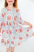 Peach Rainbow 3/4 Sleeve Pocket Twirl Dress