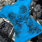 Women's Y2k Grunge T-Shirts 2000s Vinage Rhinestone Print Heart Rose T-Shirt Aesthetics Harajuku Round Neck Tops street fashion