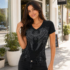 Women Black Rhinestone Angel Wings Print T Shirt V Neck Short Sleeve Slim Fit Gothic Y2K Streetwear Summer 2026 Hot New Club Tee