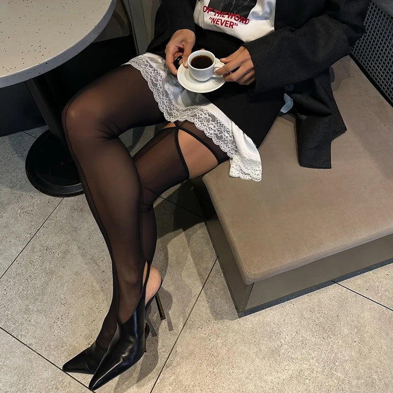 Sexy Black Line Tights Women Sheer Mesh Hollow Out Pantyhose 2025 Autumn New Streetwear Stocking