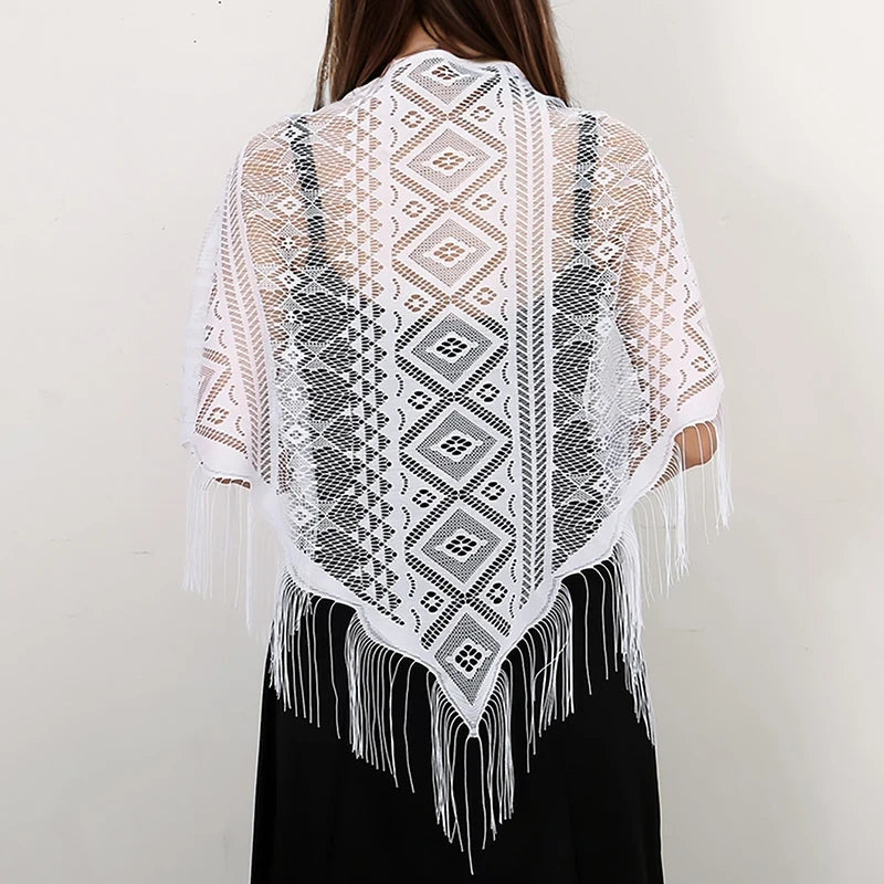 Fashion Lace Embrodiery  Tassel Triangle Scarf Women Headscarf Female Eid Summer Shawls Scarves Long Veil Floral Scarf Turban