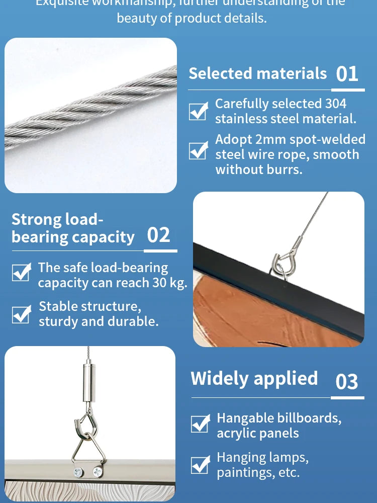 2mm Adjustable Steel Cable Suspension Kit, Heavy-Duty Hook for Steel Wire Rope Capable of Bearing 30kg, Extendable Clothesline