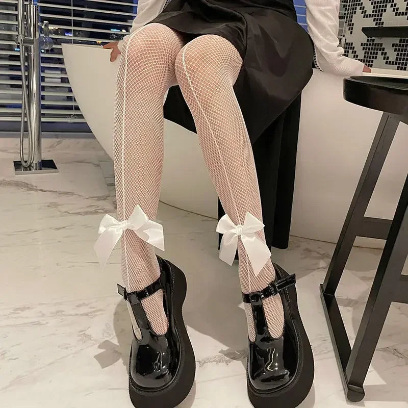Sexy Hollow Out Transparent Slim Fishnet Pantyhose Women Bow Black White Tights Gothic Lolita JK Cute Bowknot Mesh Stockings
