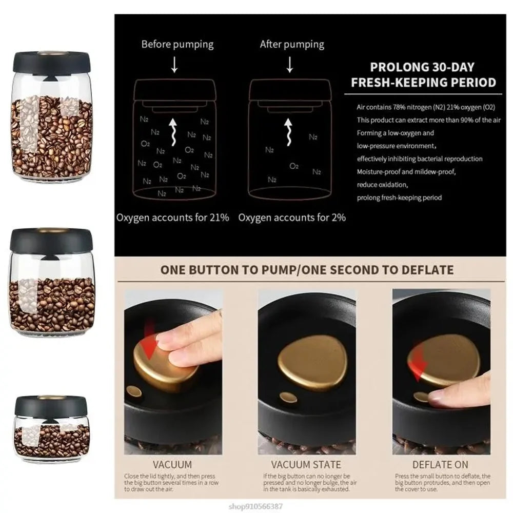 1pack Coffee Bean Storage Container Airtight Lid Sealed with Press-Down Vacuum Glass Coffee Canister,Food Storage,Coffee,Tea