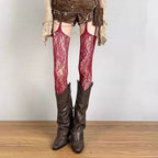 Lolita Sweet Girls Punk Style Floral Tights Colorful Thigh High Stockings Sheer Fishnet Suspender Tights Garter Belt Pantyhose