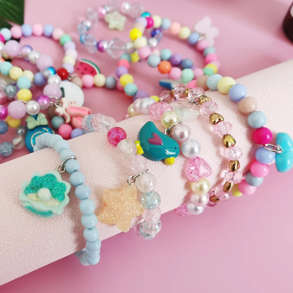 5Pcs/Set Children Cute Unicorn Cartoon Heart Star Bracelet For Kids Girls Elastic Candy Beads Bracelets Lovely Jewelry
