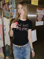 Summer Y2K British Flag Rhinestone Print Round Neck Slim Short Sleeve Ruched Crop T Shirt Women Casual Tee Top 2026 New