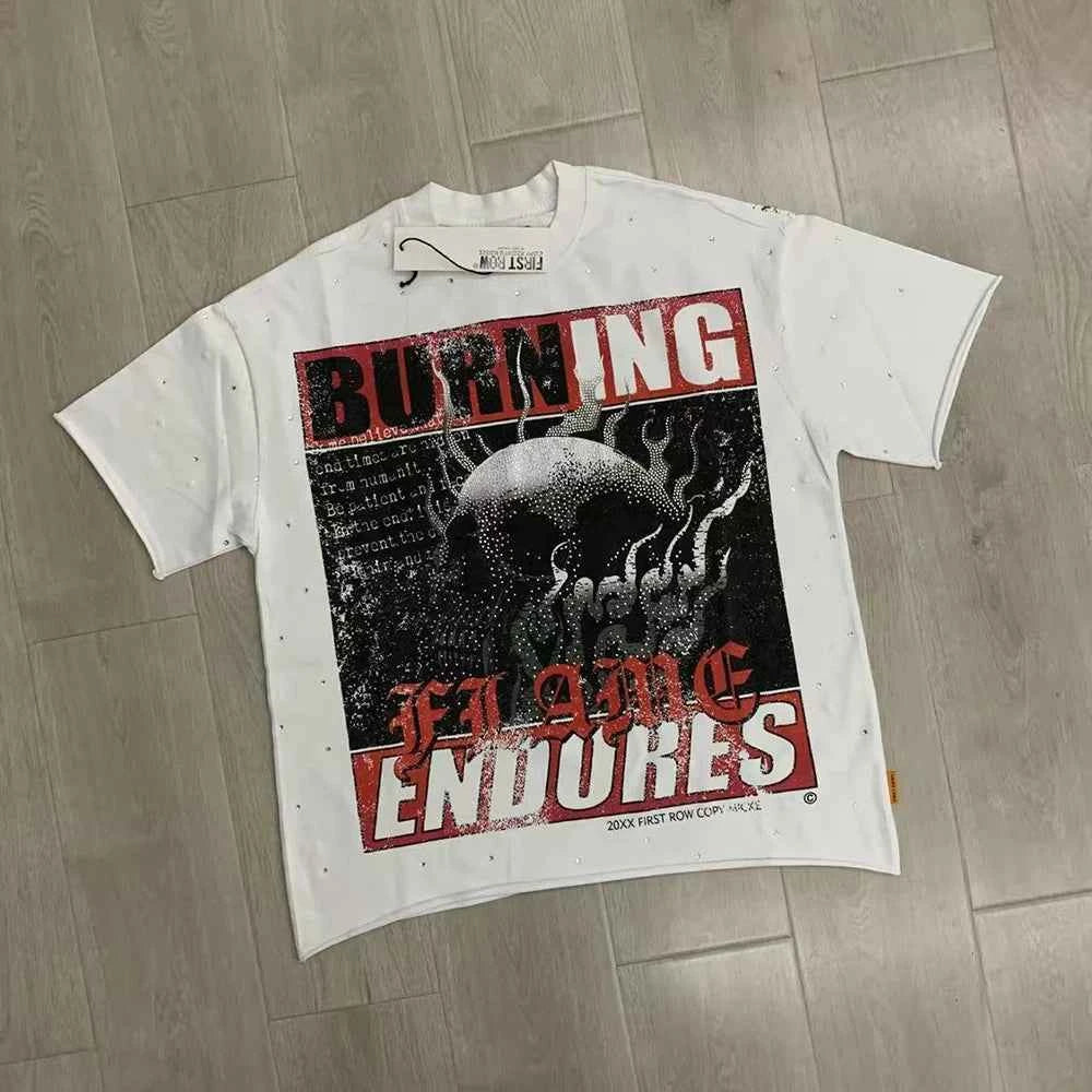 Streetwear Vintage Washed Diamond Cropped Tee for Men Crew Neck Short Sleeve Loose Cotton Rhineston Tshirts Oversized