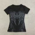 Women Black Rhinestone Angel Wings Print T Shirt V Neck Short Sleeve Slim Fit Gothic Y2K Streetwear Summer 2026 Hot New Club Tee