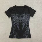 Women Black Rhinestone Angel Wings Print T Shirt V Neck Short Sleeve Slim Fit Gothic Y2K Streetwear Summer 2026 Hot New Club Tee