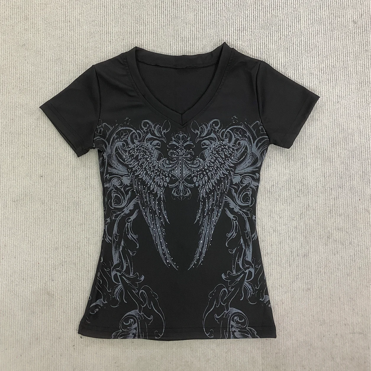 Women Black Rhinestone Angel Wings Print T Shirt V Neck Short Sleeve Slim Fit Gothic Y2K Streetwear Summer 2026 Hot New Club Tee