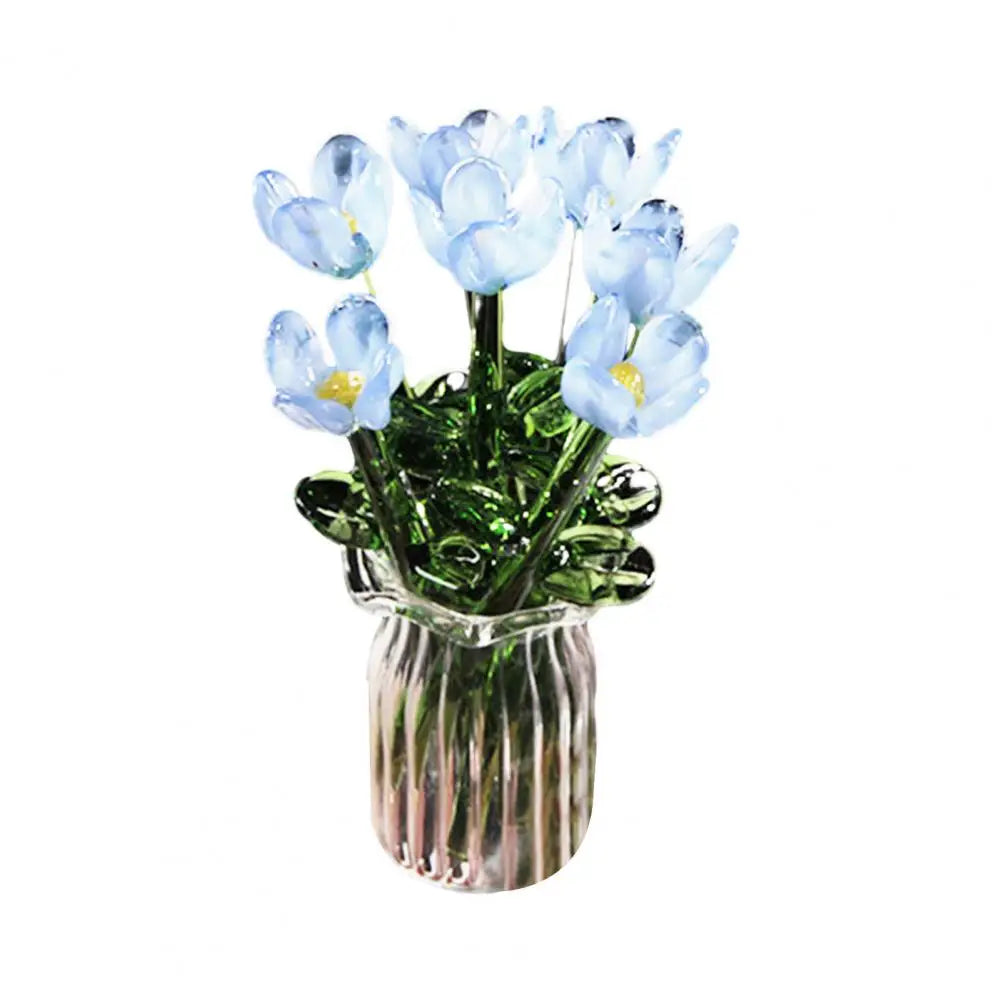 Glass Flower Decor Handcrafted Floral Sculpture Hand-blown Glass Flower Bouquet with Vase Mini Floral Decoration for Home Room