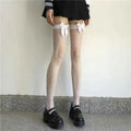 White Puresire Fishnet Stockings Pink Bow Tie Contrasting Color Women's Knee High Sexy Hollow Out Seductive Large Mesh Stocking#