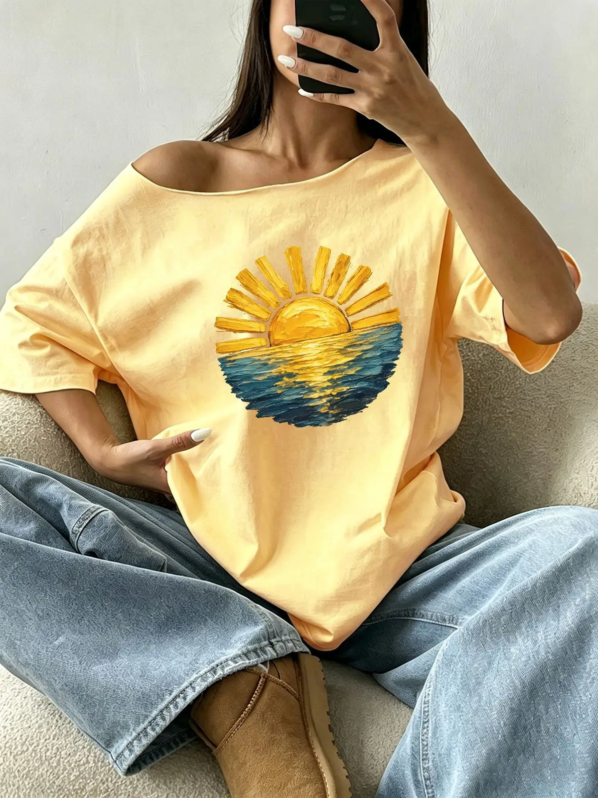100% Cotton Plus Size Golden Sun Ocean Beach Print Shoulder Loose Print T-Shirt Oversized Y2K Style Graphic Tees Women Tops S
