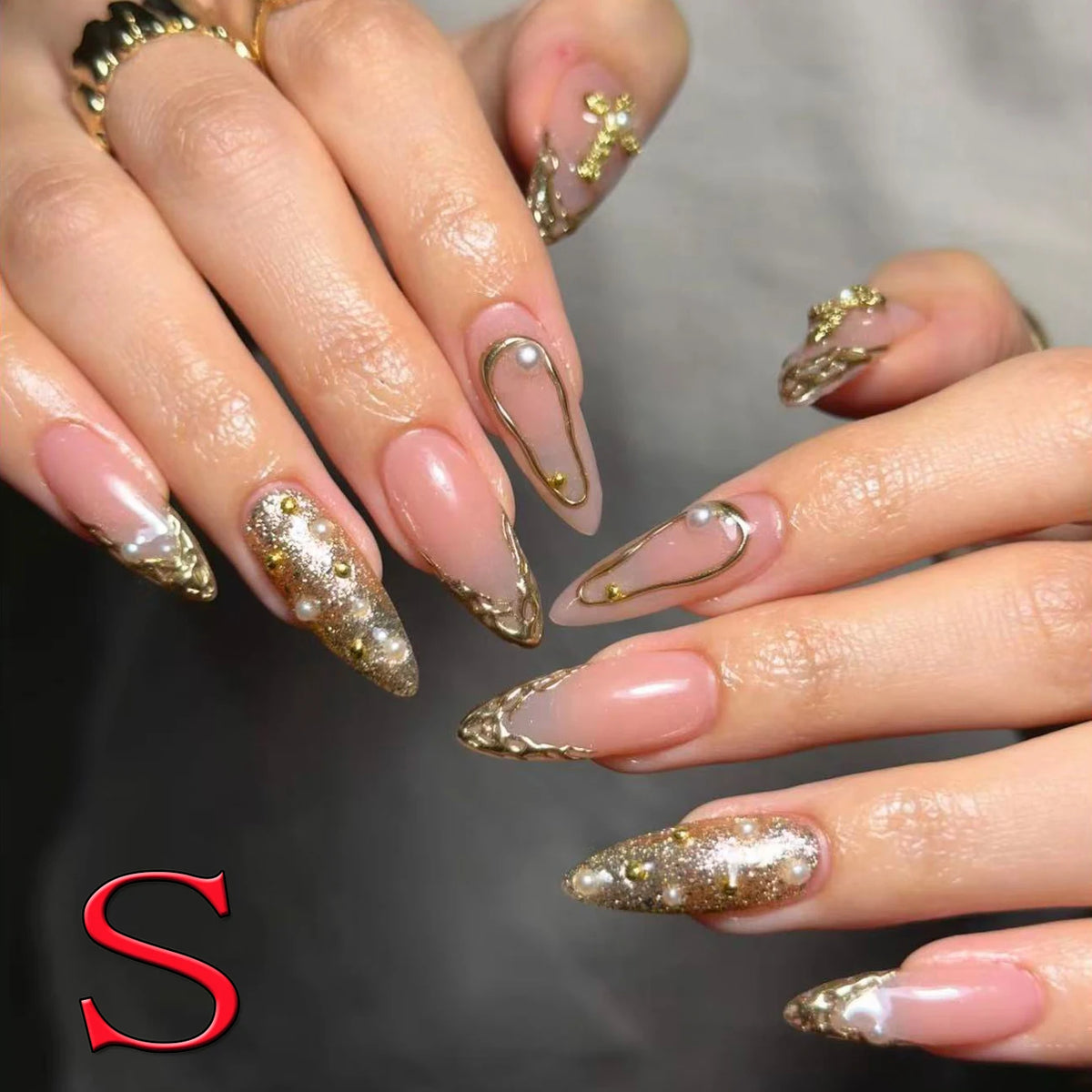 10PCS Diamond French Pointed Nail Short Square Nail Nude Fake Nail With Gold Glitter Diamond Nail Leopard Print Fake Nail