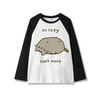Japanese Polka Dot Cute Lazy Cat Print Loose T-shirt Aesthetics Kawaii Cartoon Tops Women's Sweet Harajuku Grunge Tees Y2k Tops