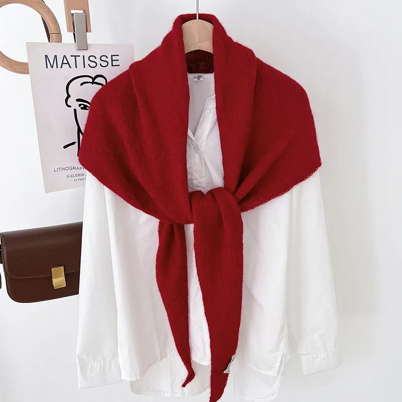 Big Size Wool Korean Style Knitted Triangular Scarf Women Winter Warm Headscarf Shawl Sold Color Neckerchief Kerchief Hijab