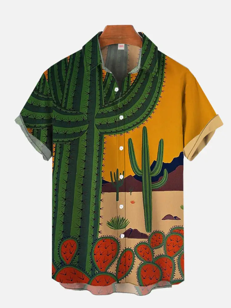 Fashion Men's Cactus Desert Printed Shirts Casual Hawaiian Beach Resort Shirt Summer Natural Landscape Vintage Printed Shirts