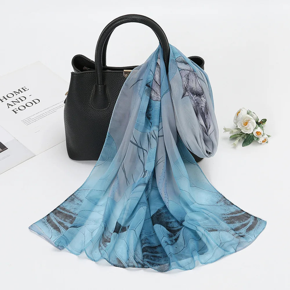 1PCS Lotus Print Chiffon Scarf Fashionable Lightweight Neck Scarf For Women Summer Neck Sun Protection Silk Scarf Shawl 150*50cm