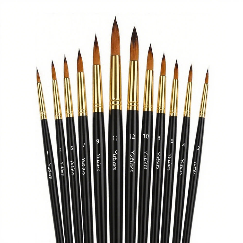 12Pcs Artist Paint Brush Set - Versatile Pointed & Round Tips for Watercolor, Acrylics, Ink, Gouache, Oil, Tempera