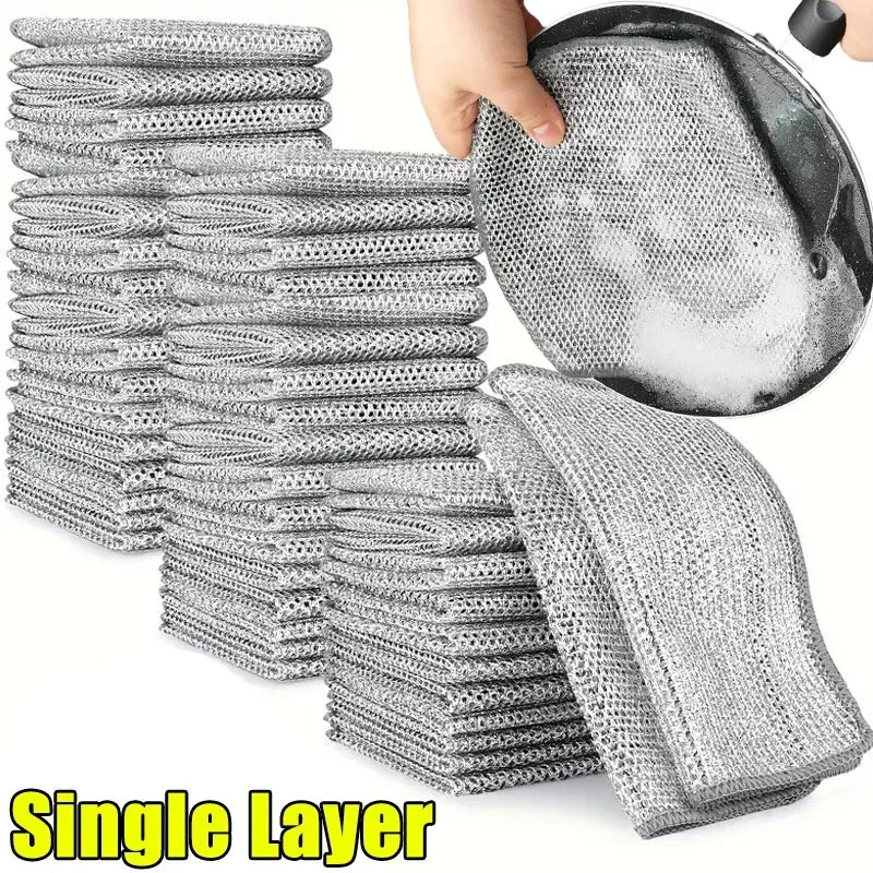 1/50pcs Magic Dishcloth Silver Wire Cleaning Kitchen Cloth Thickened Microfiber Wash Towel Built-in Sponge Steel Wire Ball Rag