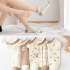 5 Pairs/Lot Socks Women's Short  Ankle Low Cut No-Show Foot Cute Bear Hearts Print  School Cotton  Breathable Set Casual Retro