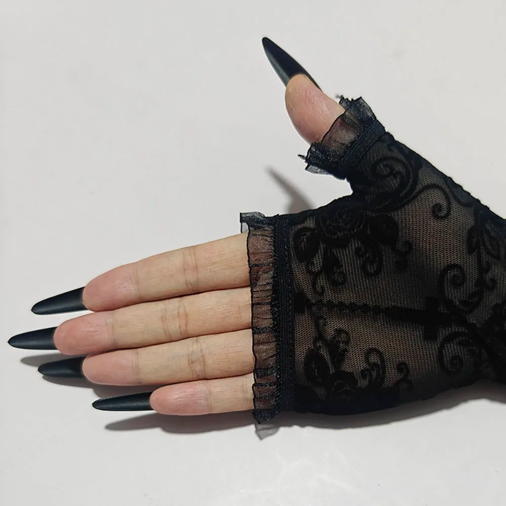 Halloween Women Black Sexy Skeleton Cross Flowers Lace Long Gloves Elasticity Transparent Mesh Lolita Punk Cosplay Short Gloves