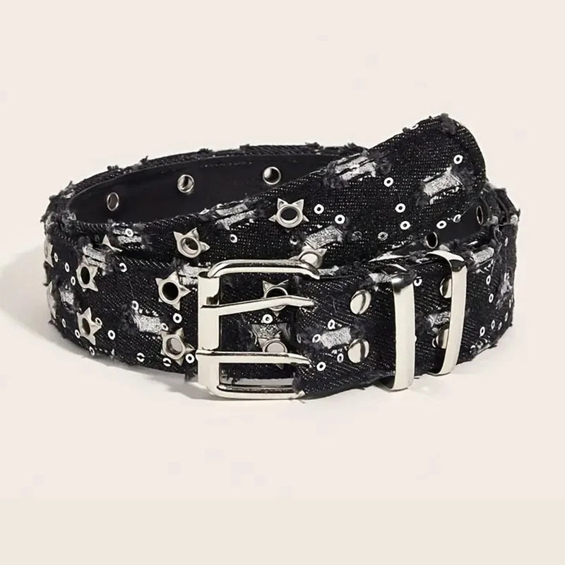 1PC New Fashion Luxury Belt Black Punk Accessories Blue Denim Girdle HipHop Y2k Star Hollowed Pin Buckle Waistband，For Men Women