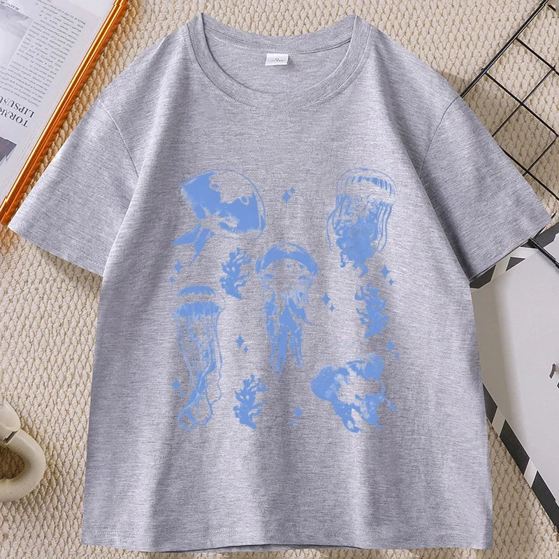 Vintage Jellyfish T-Shirt Summer Ocean Tee Sea Creature Top Beach Lover Gift Men Women Casual Round Neck Printed T Shirt