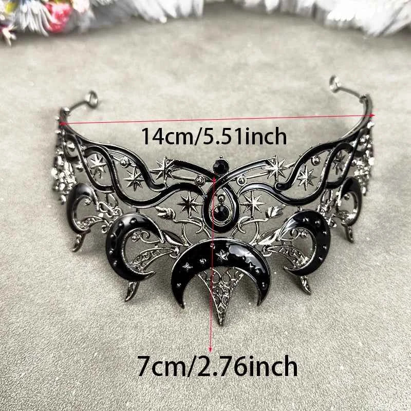 Gothic Black Moon Tiara Dark Queen Crown for Women Baroque Celestial Star Headpiece Vintage Cosplay Halloween Wedding Party Acce