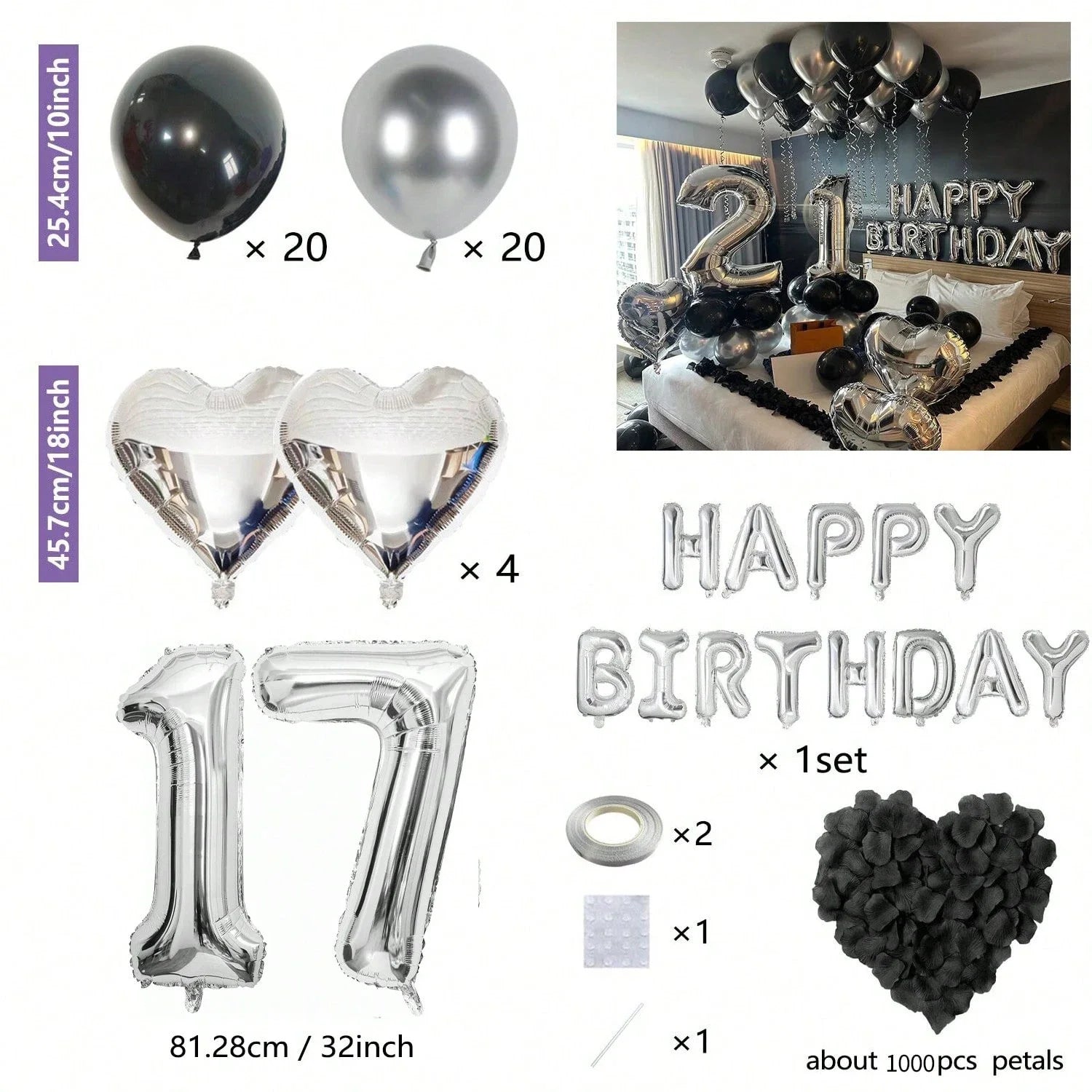 1050/21/200pcs Black & Silver Party Balloons Decorations, Silver Happy Birthday Banner, Chrome Silver Latex Balloons