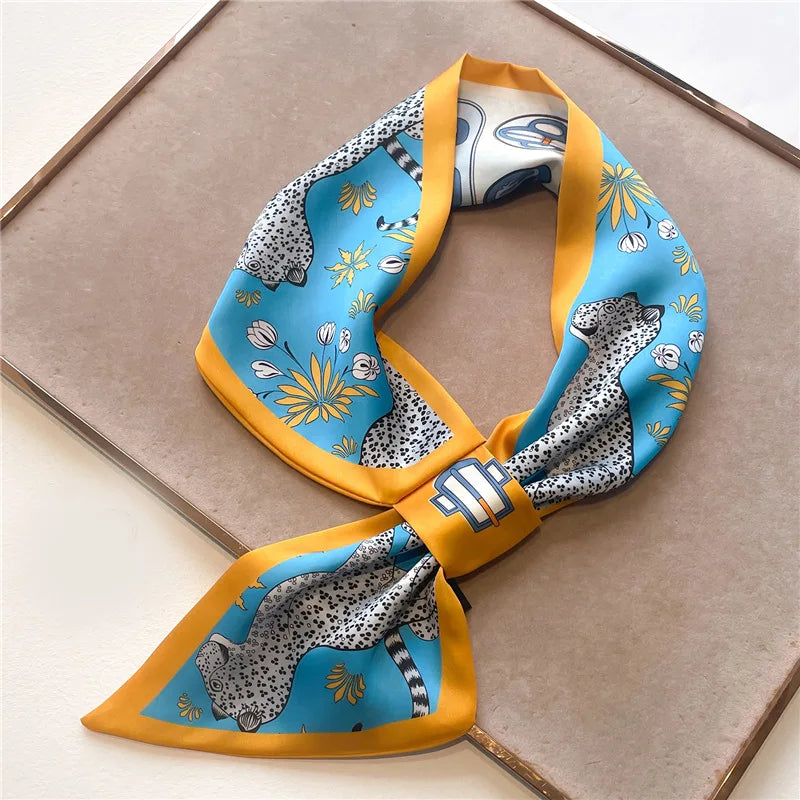 Luxury Brand Horse Print Skinny Neckerchief Scarf For Women Satin Silk Ribbons Bandana Ladies Neck Tie Wrist Wrap Shawl Echarpe