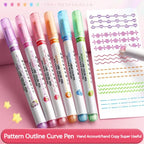 6Pcs/Set Flower Line Shape Highlighter Pen Roller Tip Curve Liner Marker Kawaii Korean Stationery School Office Supplies Gifts
