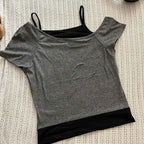 Y2k Slim Fit Print Tops Women Off Shoulder Short Sleeve Tee Shirt Neploe American Vintage Fake Two Piece Halter Lace Up T-shirts