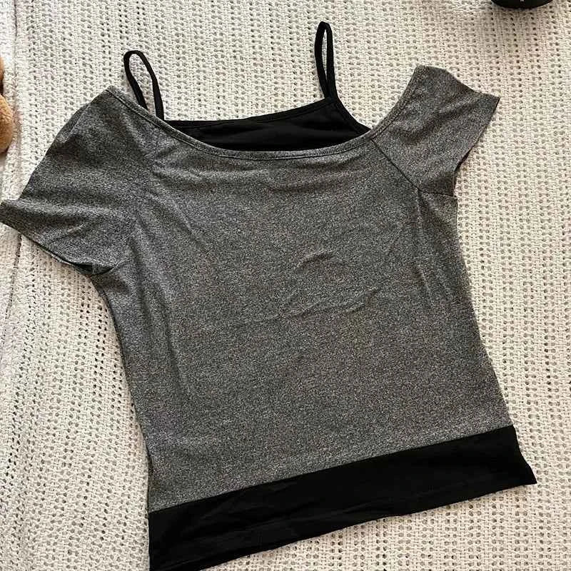 Y2k Slim Fit Print Tops Women Off Shoulder Short Sleeve Tee Shirt Neploe American Vintage Fake Two Piece Halter Lace Up T-shirts