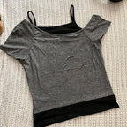 Y2k Slim Fit Print Tops Women Off Shoulder Short Sleeve Tee Shirt Neploe American Vintage Fake Two Piece Halter Lace Up T-shirts