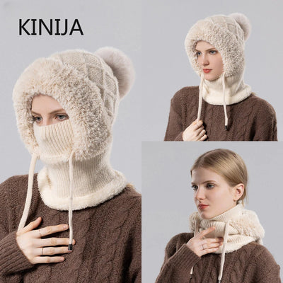 Women Winter Velvet Knitted Woolen Balaclava Hat Ear Protection fluffy Hat Mask Neck Integrated Warmth Cover Hat lady hooded cap
