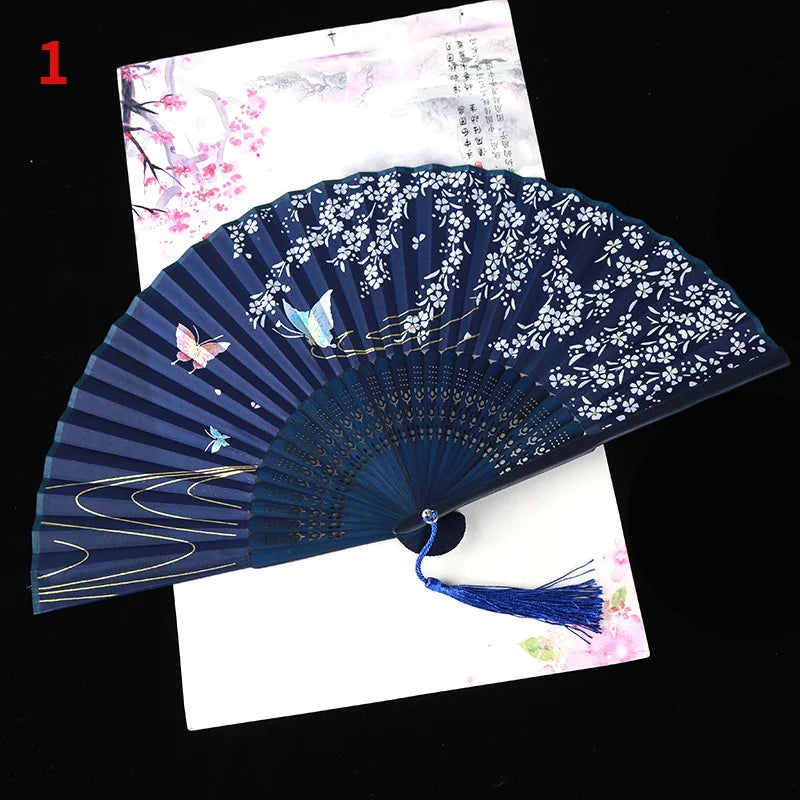 Vintage Silk Folding Fan Bamboo Tassel Decorative Hand Fan
