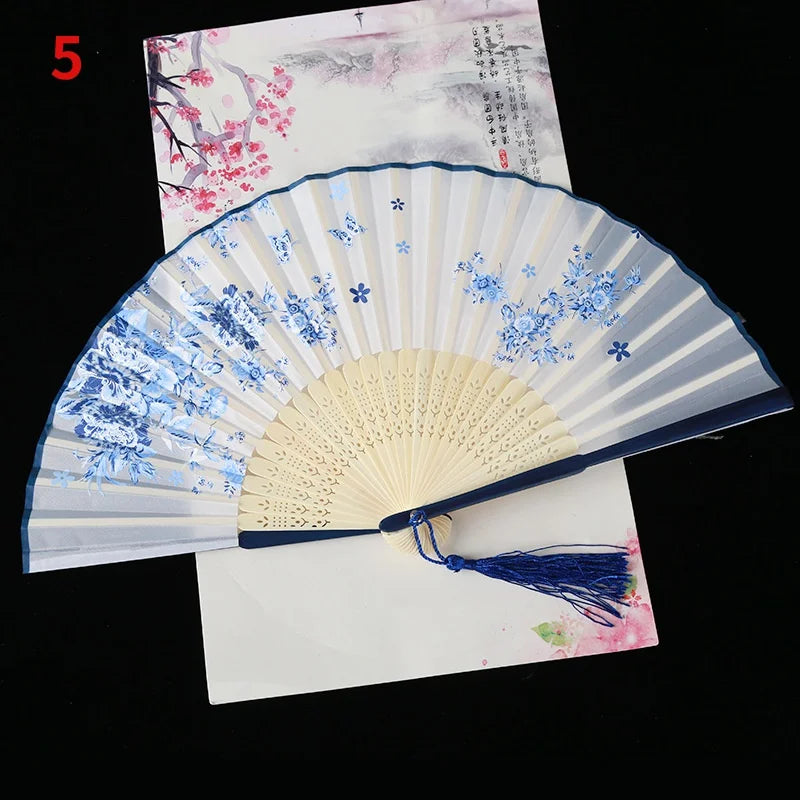 Vintage Silk Folding Fan Bamboo Tassel Decorative Hand Fan