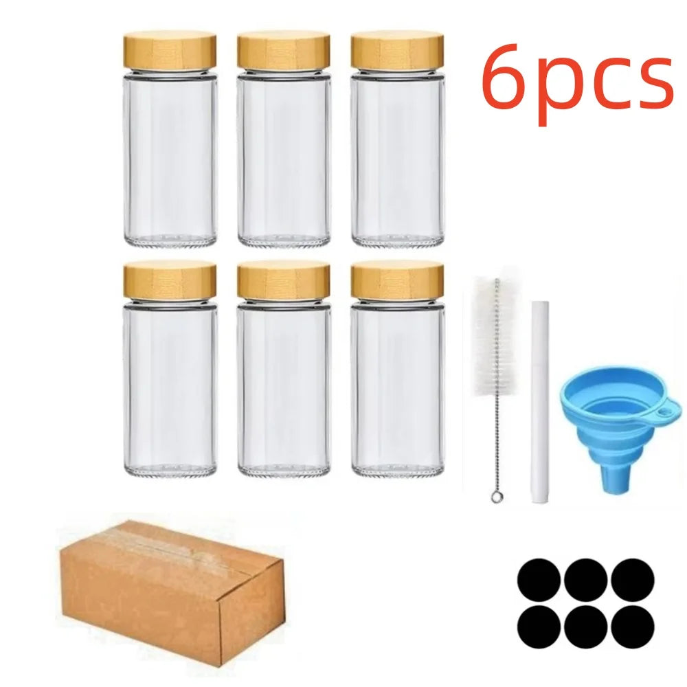 6/12/24pcs  Glass Spice Jars with Bamboo Lids Or Metal Lids Include Minimalist Spice Labels Stickers Collapsible Funnel Jar Set