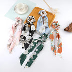 Fashion Flower Print Bow Satin Long Ribbon Ponytail Scarf Tie Scrunchies Women Girls Elastic Bands Hair Accessories