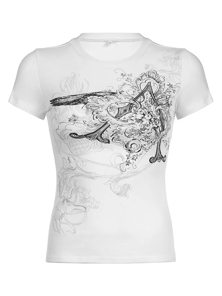 Retro Graphic Crop Top White Short Sleeve O Neck Casual T Shirt for Women Y2K Aesthetic Vintage Basic Tees Ladies Clothes