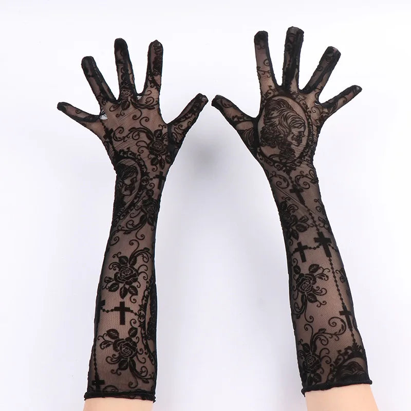 Halloween Women Black Sexy Skeleton Cross Flowers Lace Long Gloves Elasticity Transparent Mesh Lolita Punk Cosplay Short Gloves