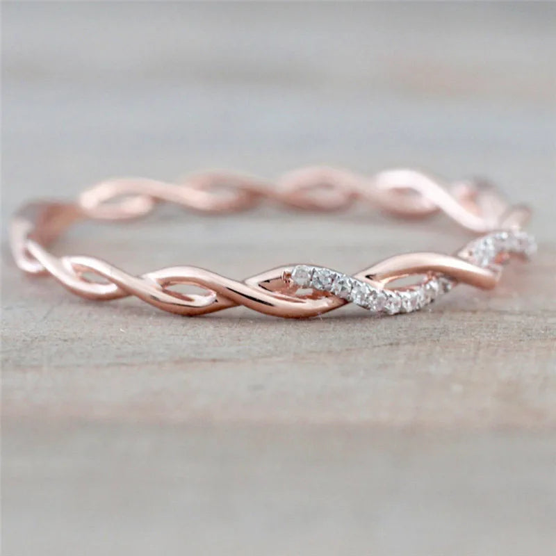 Huitan Simple Stylish Women Thin Rings Fancy Twist Band Shiny Crystal Cubic Zircon Daily Wear Versatile Jewelry Minimalist Gift