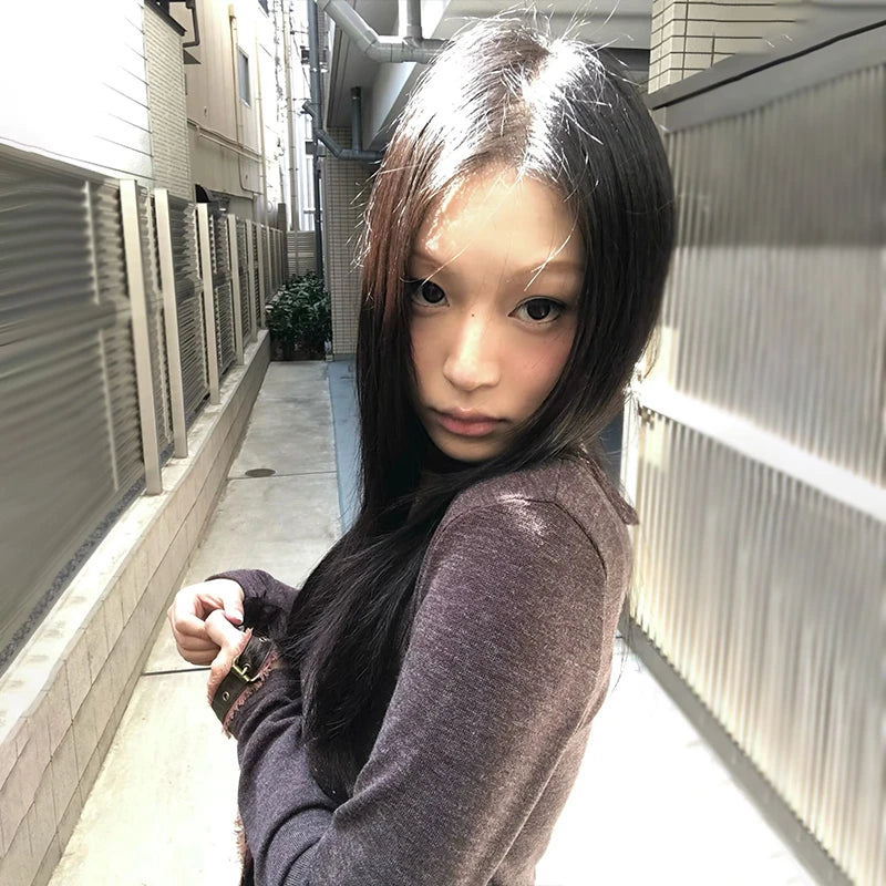 Karrram Japanese Y2k Knitted Tops Two Piece Set Vintage Harajuku Button Knit T-shirt Sets Korean 2000s Style Knitwear American