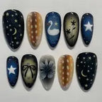 24pcs Gradient Black False Nails Cute Cartoon Cat's Eye Forest Elf Girl Press On Nails Glossy Almond Sweet Cool Fake Nail Tips