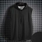 Men's lace up hooded sleeveless vest, men's summer loose solid color hip-hop T-shirt top, sports vest