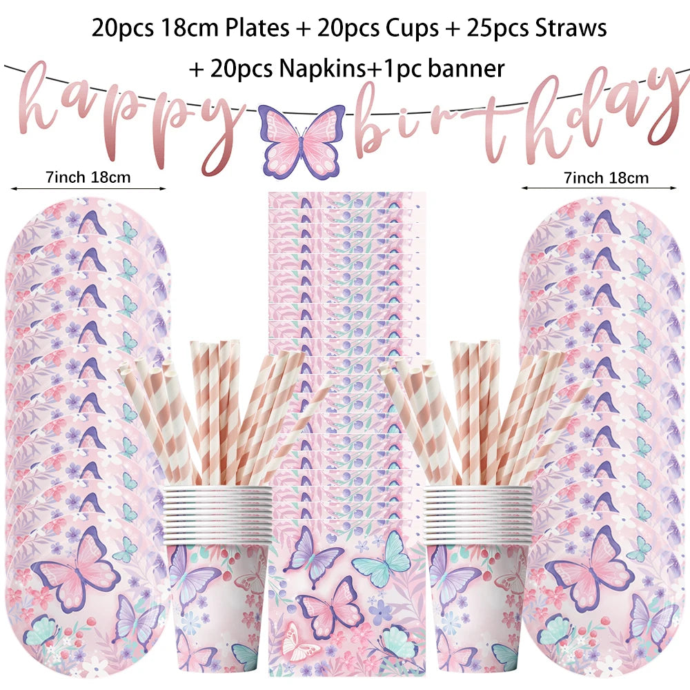 Butterfly Fairy Birthday Party Tableware Set – Pink Disposable Plates, Cups, Napkins & Tablecloth | Girls Party Decorations & Supplies